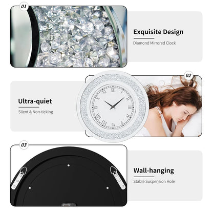 Diamond mirrored clock with features listed on a white background