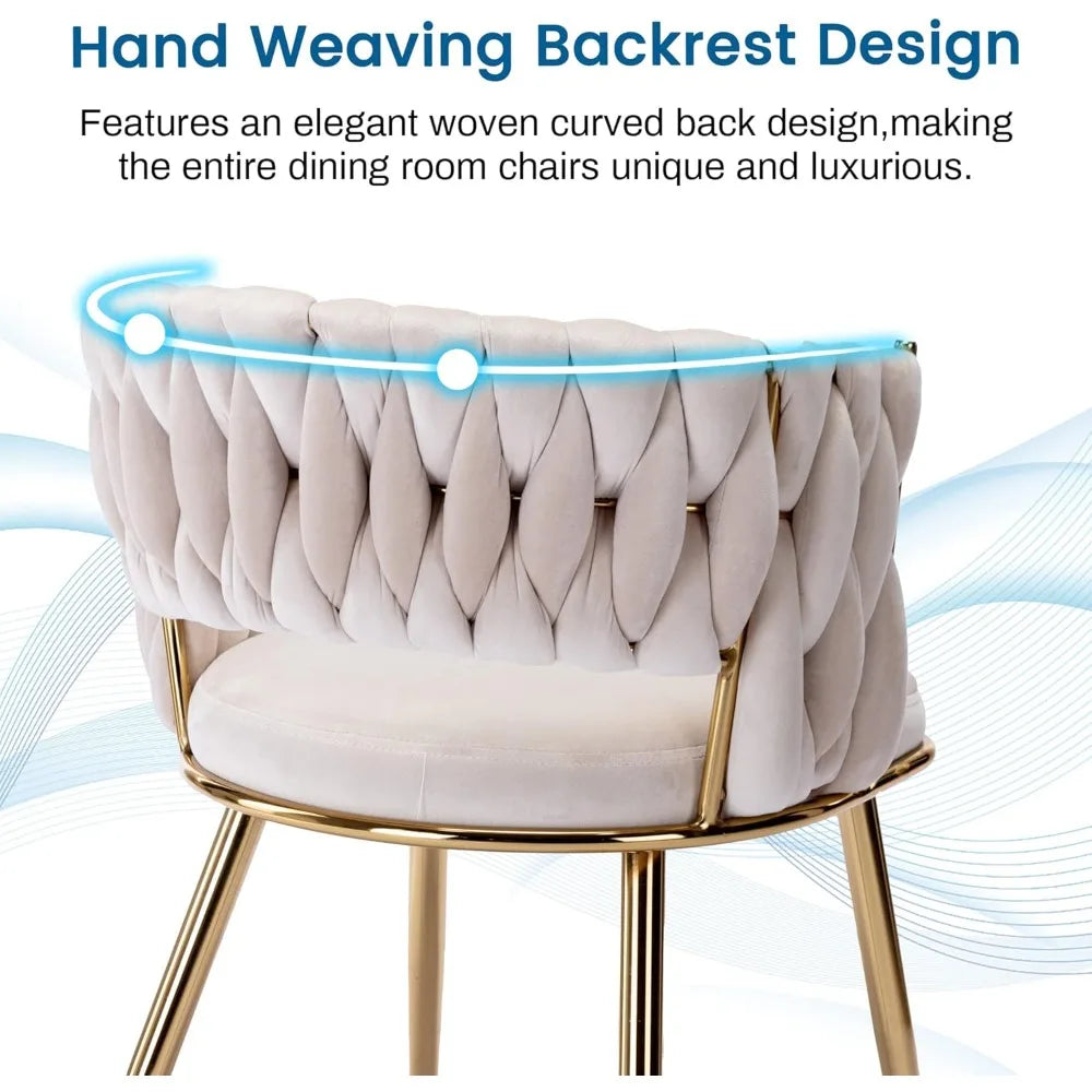 Beige dining room chair with woven backrest design on a white background