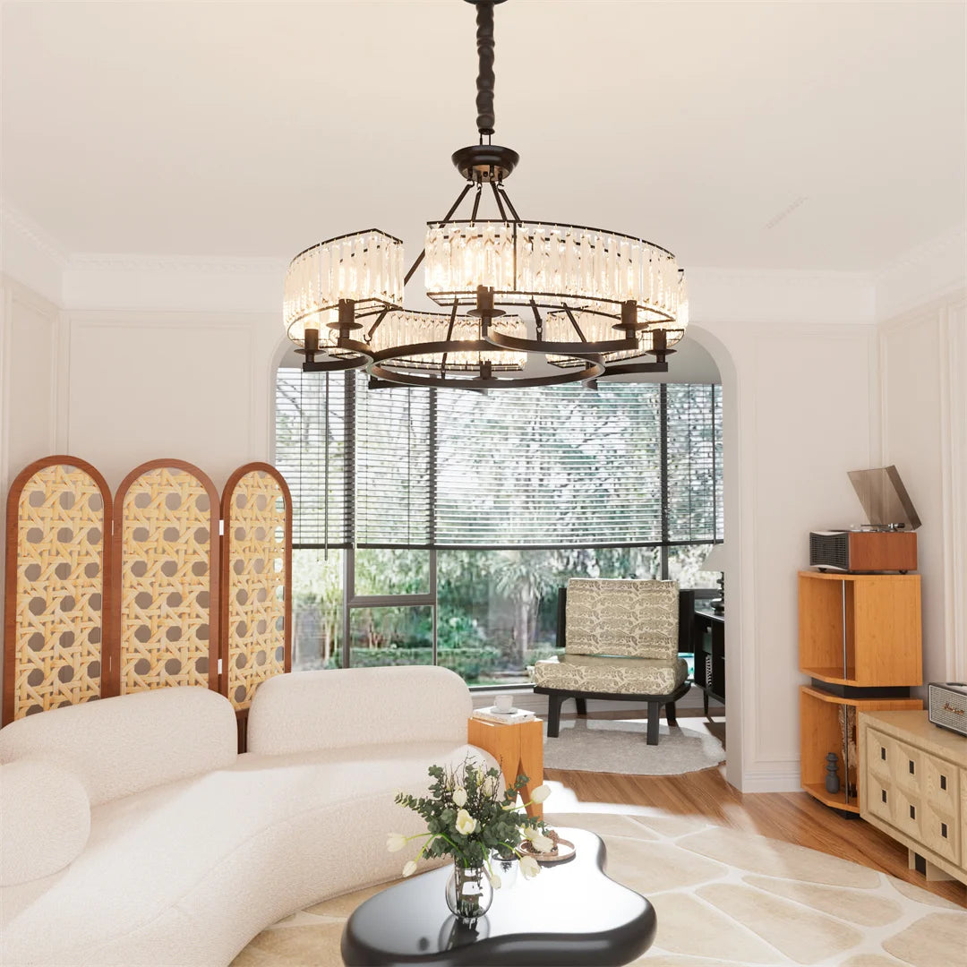 LUVODI Round Crystal Pendant Light Fixture Black Ceiling Chandelier Lamp with 3 Color Lights Adjustable Height