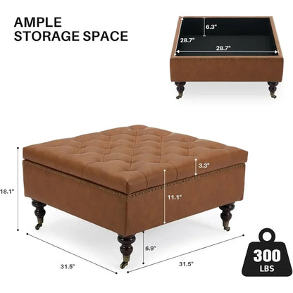 Large Square Tufted Storage Ottoman – Faux Leather Coffee Table with Wheels.
