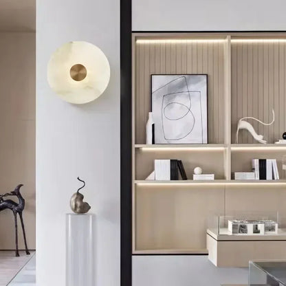 Spanish Marble LED Round Wall Sconce – Brass Bedroom & Living Room Light.