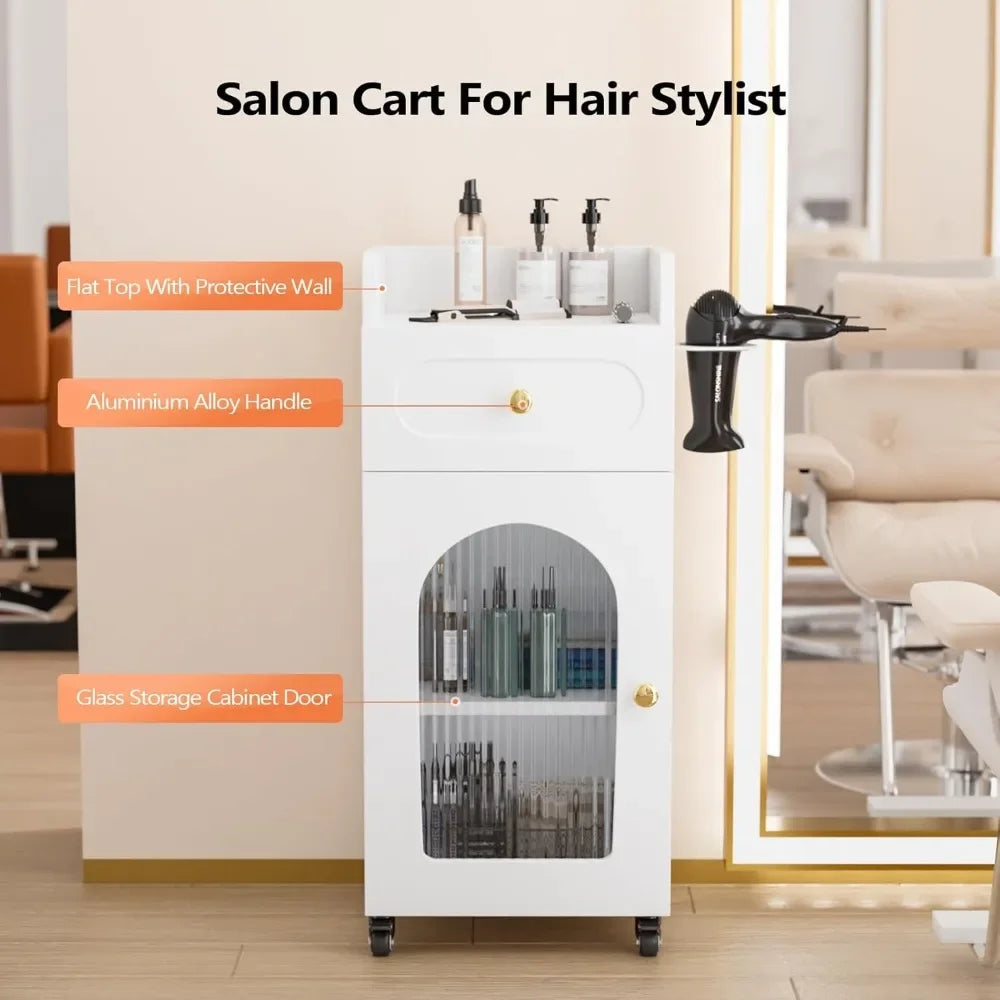 Salon Cart Trolley with Drawers & Glass Storage – Rolling Cabinet for Stylists.