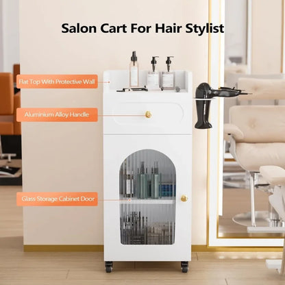 Salon Cart Trolley with Drawers & Glass Storage – Rolling Cabinet for Stylists.