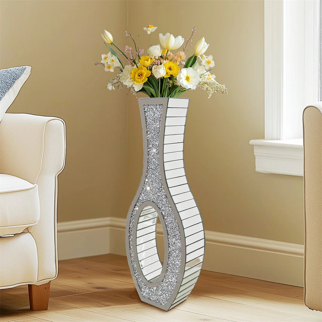 Decorative floor vase with floral arrangement in a room setting