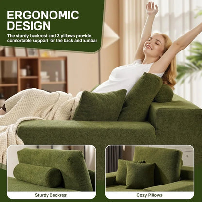 Chaise Lounge Chair Indoor, 67" Oversized Comfy Plush Fur Sleeper Sofa Bed, Boneless Upholstered Recliner Bed with Pillows