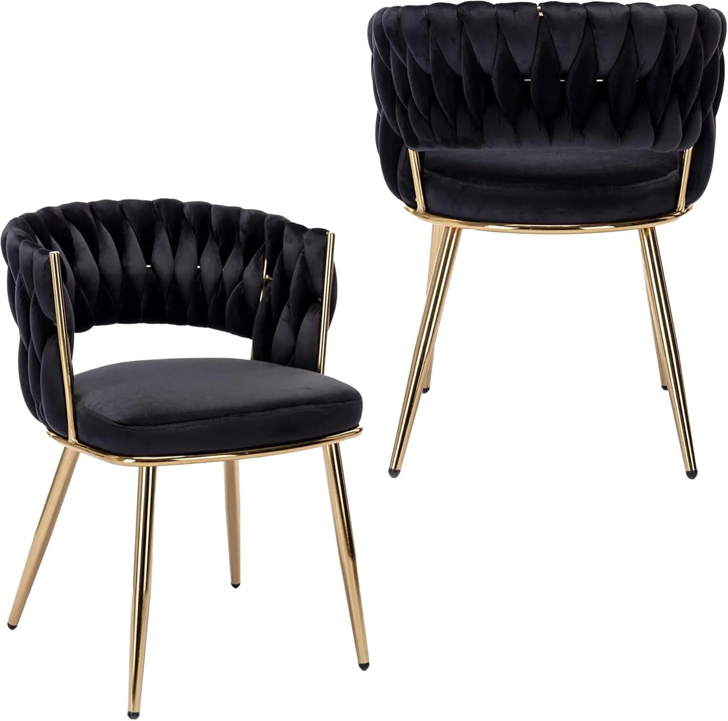 Two black tufted chairs with gold legs on a white background