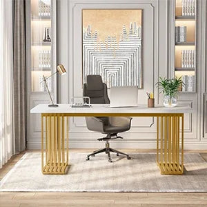 Modern White Executive Desk with Gold Metal Legs – Large Home Office Table.
