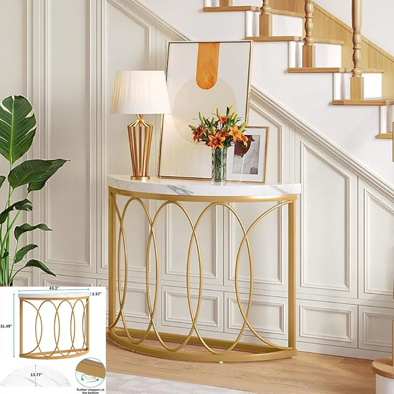 Decorative console table with gold accents in a home setting