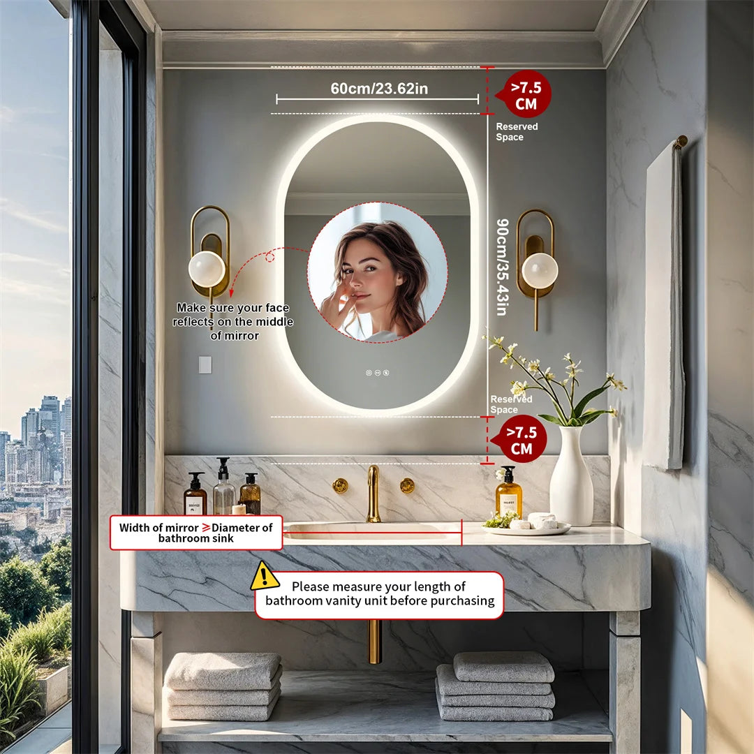 Bathroom vanity with a large round mirror, measurements indicated, and a cityscape view.