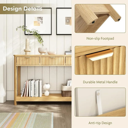 Fluted Console Table with Drawers, Modern 47.1" Entryway Table with Storage Shelf, Boho Narrow Skinny Behind Couch Wood Sofa
