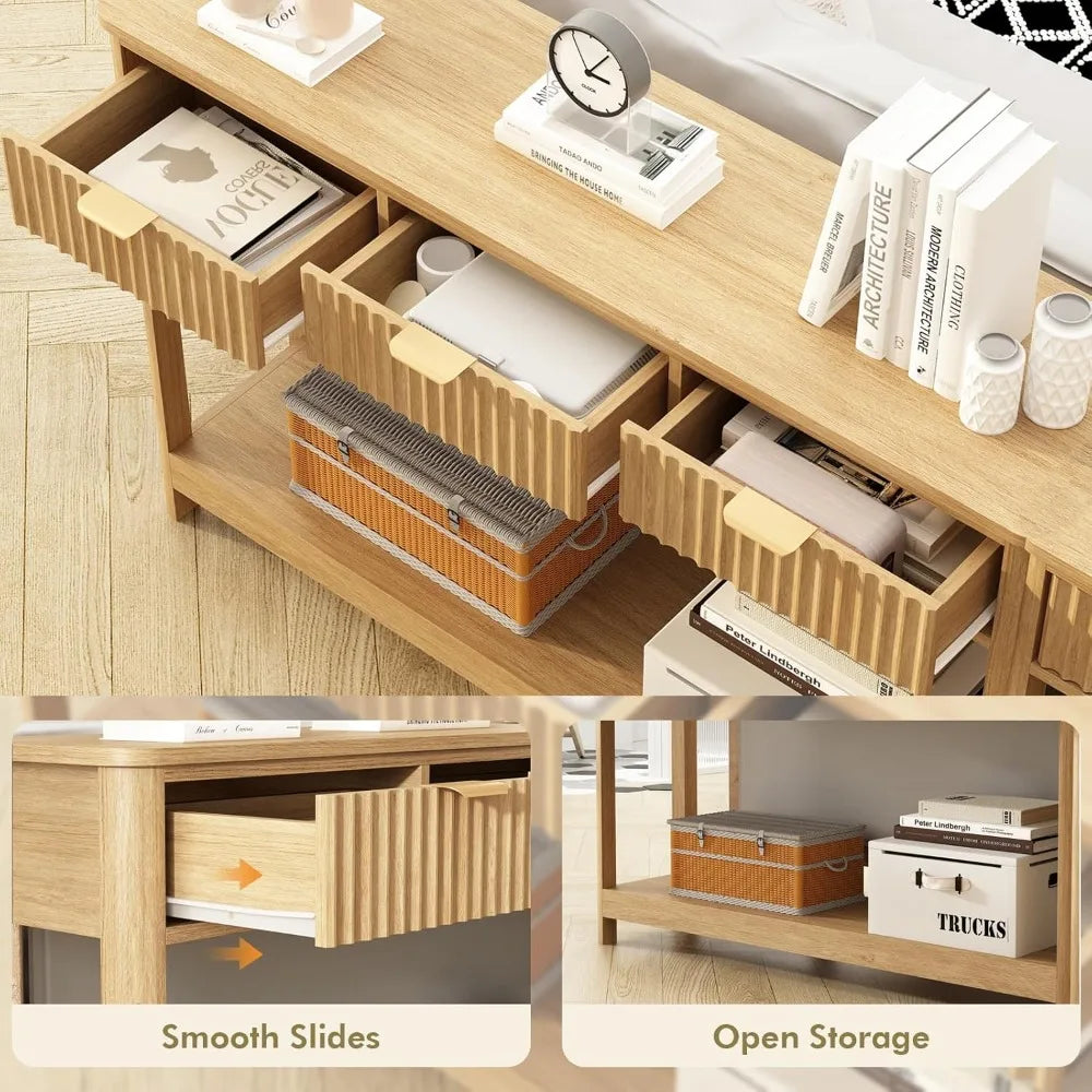 Fluted Console Table with Drawers, Modern 47.1" Entryway Table with Storage Shelf, Boho Narrow Skinny Behind Couch Wood Sofa