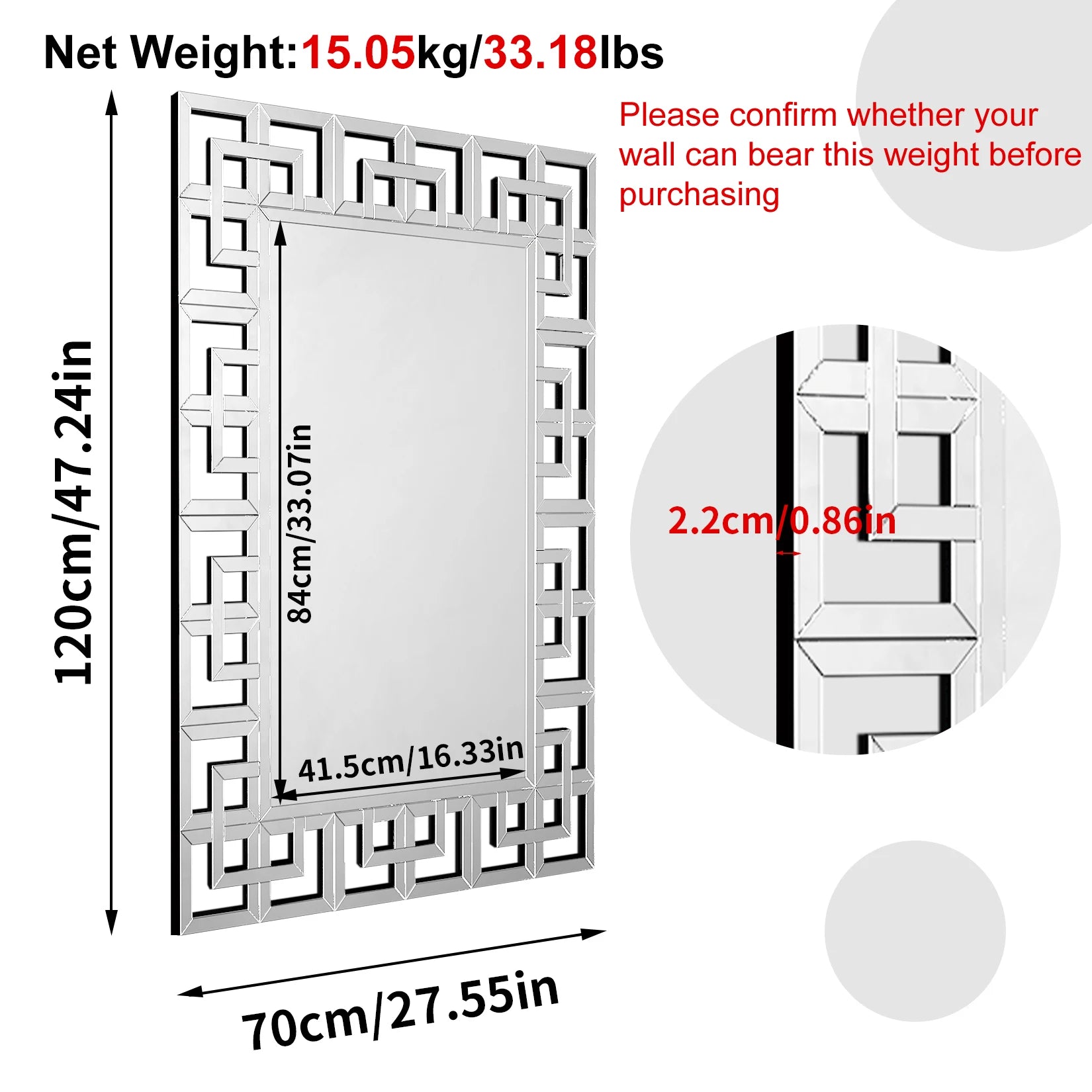 Decorative wall mirror with dimensions and weight information on a white background