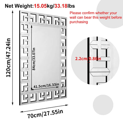 Decorative wall mirror with dimensions and weight information on a white background