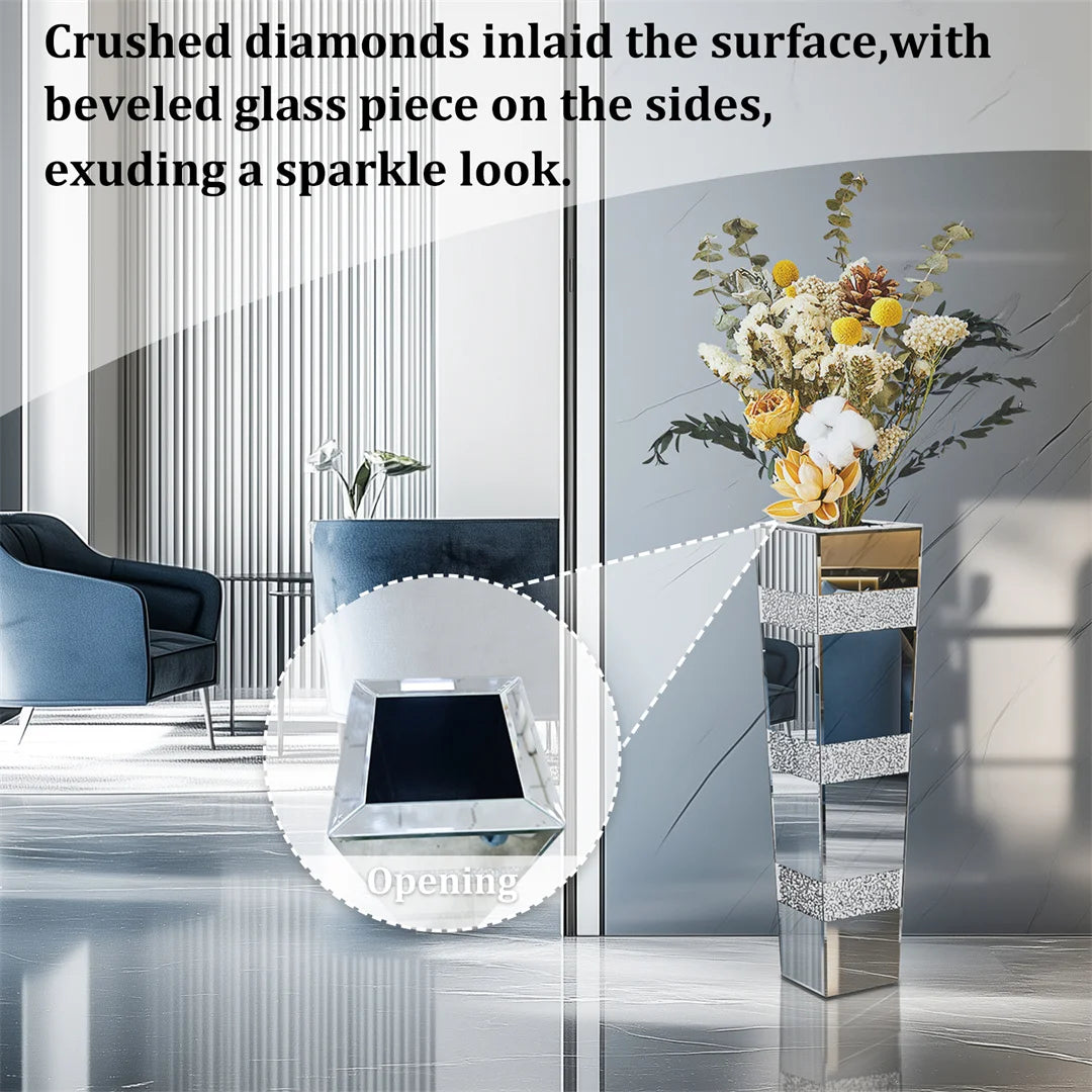 Decorative vase with beveled glass sides and crushed diamond inlay in a modern interior setting.