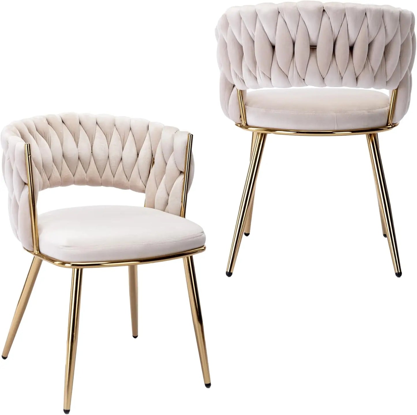 Two beige tufted chairs with gold legs on a white background