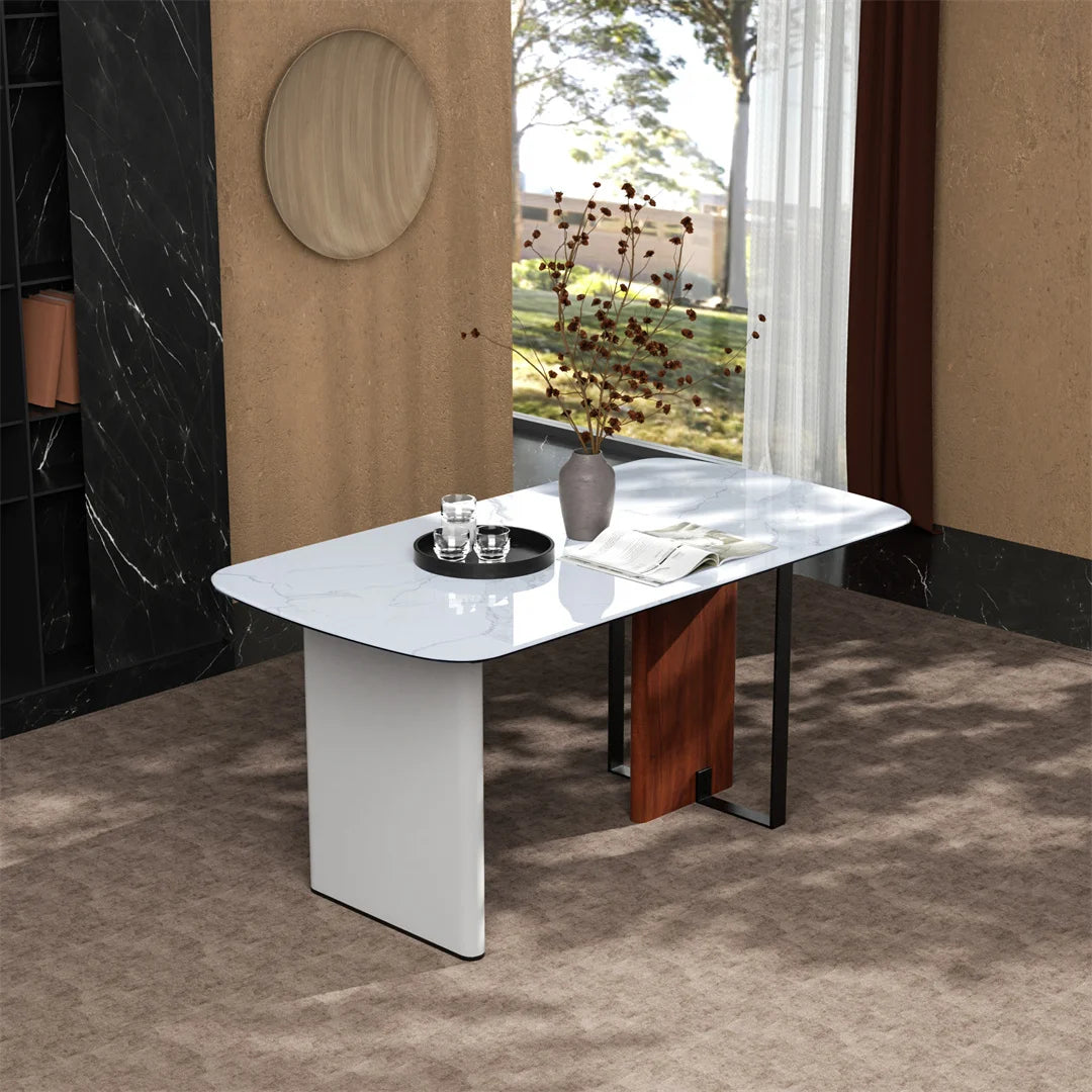 Modern dining table with marble-like surface in a stylish room.