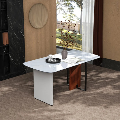 Modern dining table with marble-like surface in a stylish room.