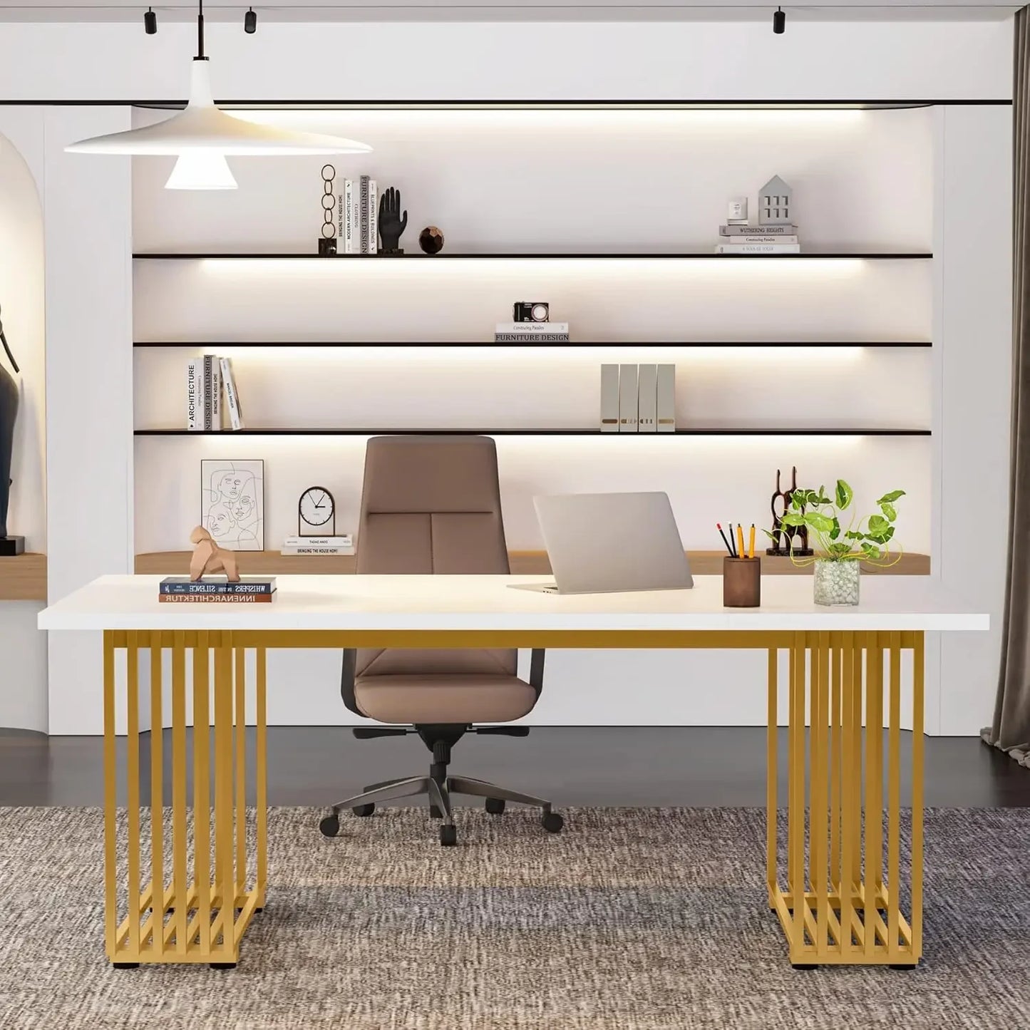 Modern White Executive Desk with Gold Metal Legs – Large Home Office Table.