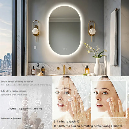 Bathroom vanity with a illuminated mirror, decorative elements, and product display.