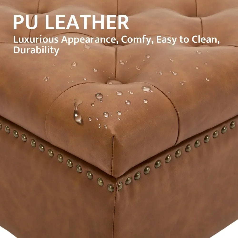 Large Square Tufted Storage Ottoman – Faux Leather Coffee Table with Wheels.