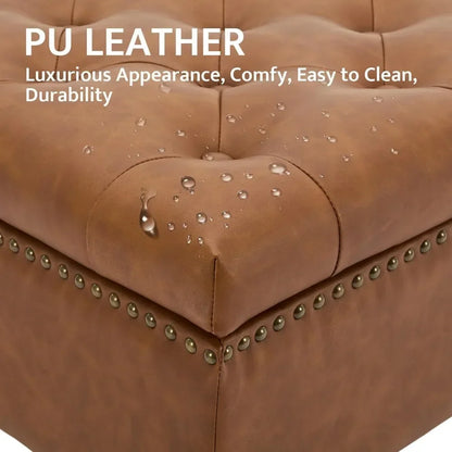 Large Square Tufted Storage Ottoman – Faux Leather Coffee Table with Wheels.