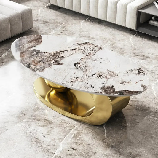 Modern Oval Stone Coffee Table – Gold Metal Base, 51"L x 28"W x 16.5"H.