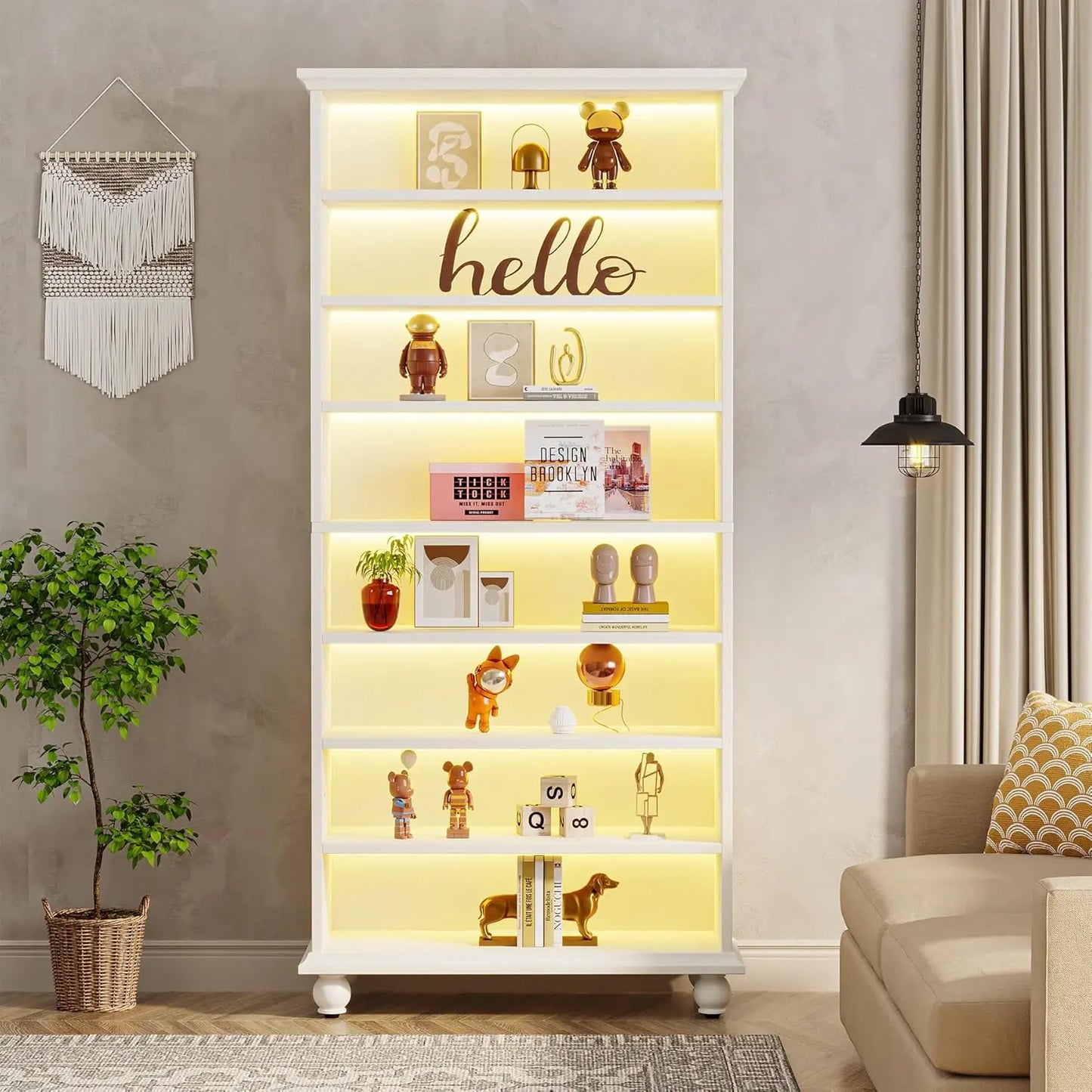 LED Bookcase with Solid Wood Legs – Freestanding Open Shelf Organizer for Living Room & Home Office.