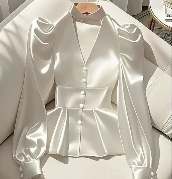 French Elegant White Satin Puff Sleeve Blouse – Waist Cinched Office Shirt.