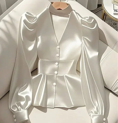 French Elegant White Satin Puff Sleeve Blouse – Waist Cinched Office Shirt.