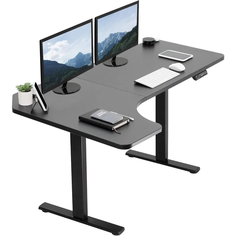 Electric Height Adjustable L-Shaped Standing Desk – 58" x 35", Reversible Black Top, Black Steel Frame.