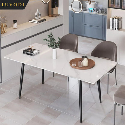 LUVODI 4-6 People Seats Marble Dining Table with Chair 1.2m Restaurant Kitchen Cafe Shop Coffee Table Furniture with Metal Legs