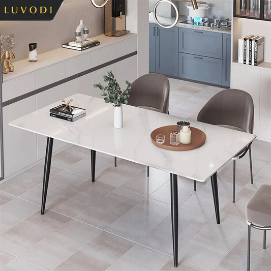 LUVODI 4-6 People Seats Marble Dining Table with Chair 1.2m Restaurant Kitchen Cafe Shop Coffee Table Furniture with Metal Legs