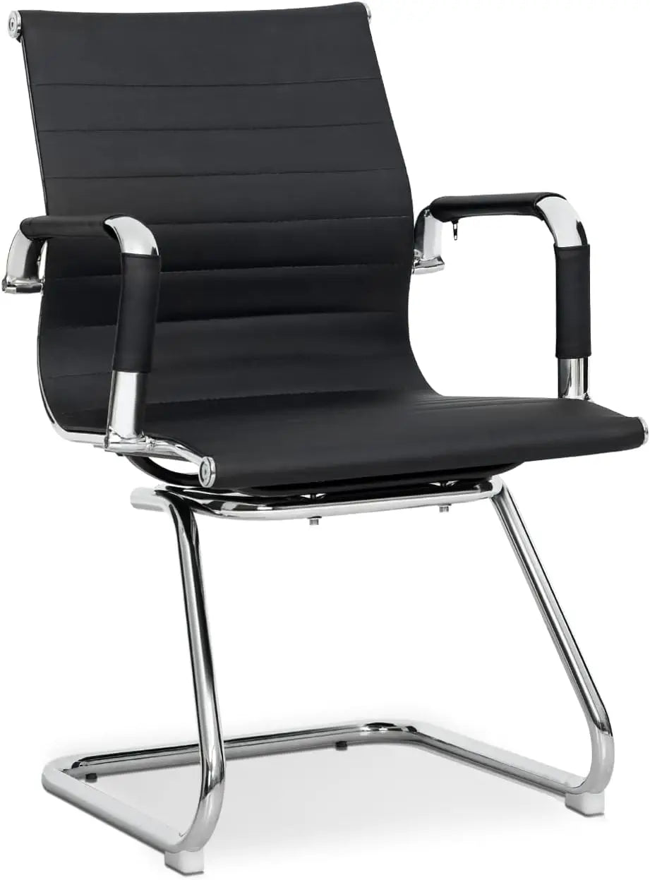 Office Guest Chair – PU Leather Mid-Back Sled Base, Black, Reception & Meeting Room Seating.