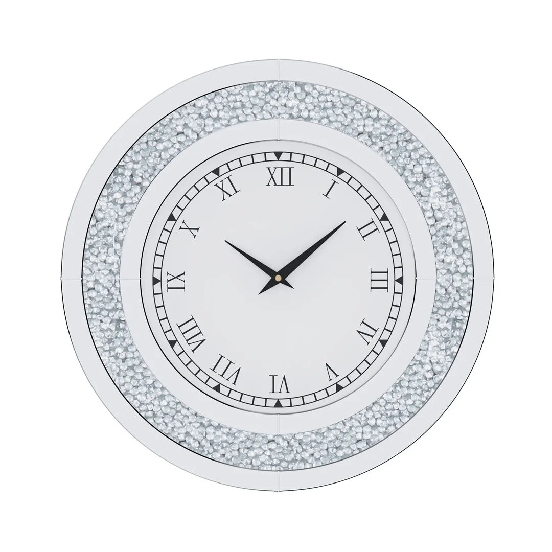 Round wall clock with decorative silver frame on a white background