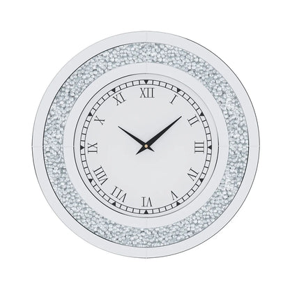 Round wall clock with decorative silver frame on a white background