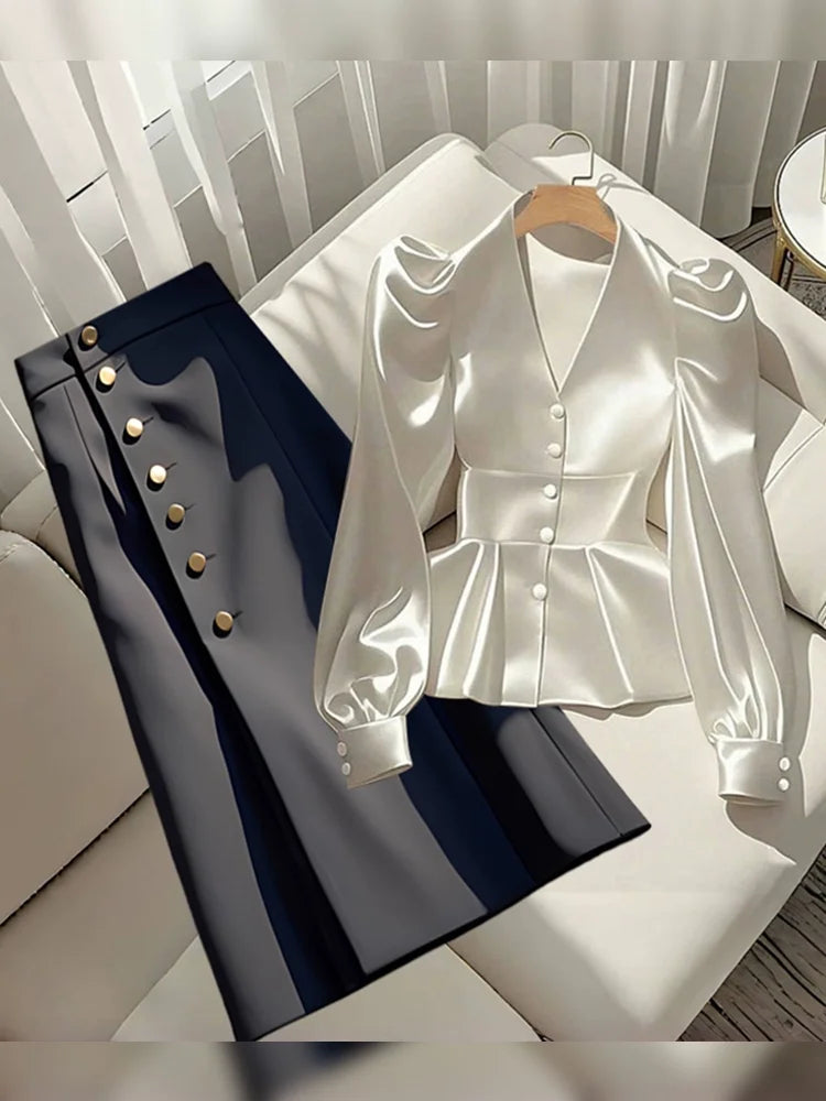 French Elegant White Satin Puff Sleeve Blouse – Waist Cinched Office Shirt.