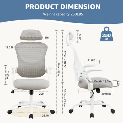 Ergonomic Mesh Office Chair with Flip-Up Arms and Adjustable Headrest – Lumbar Support for Home & Computer Desk.