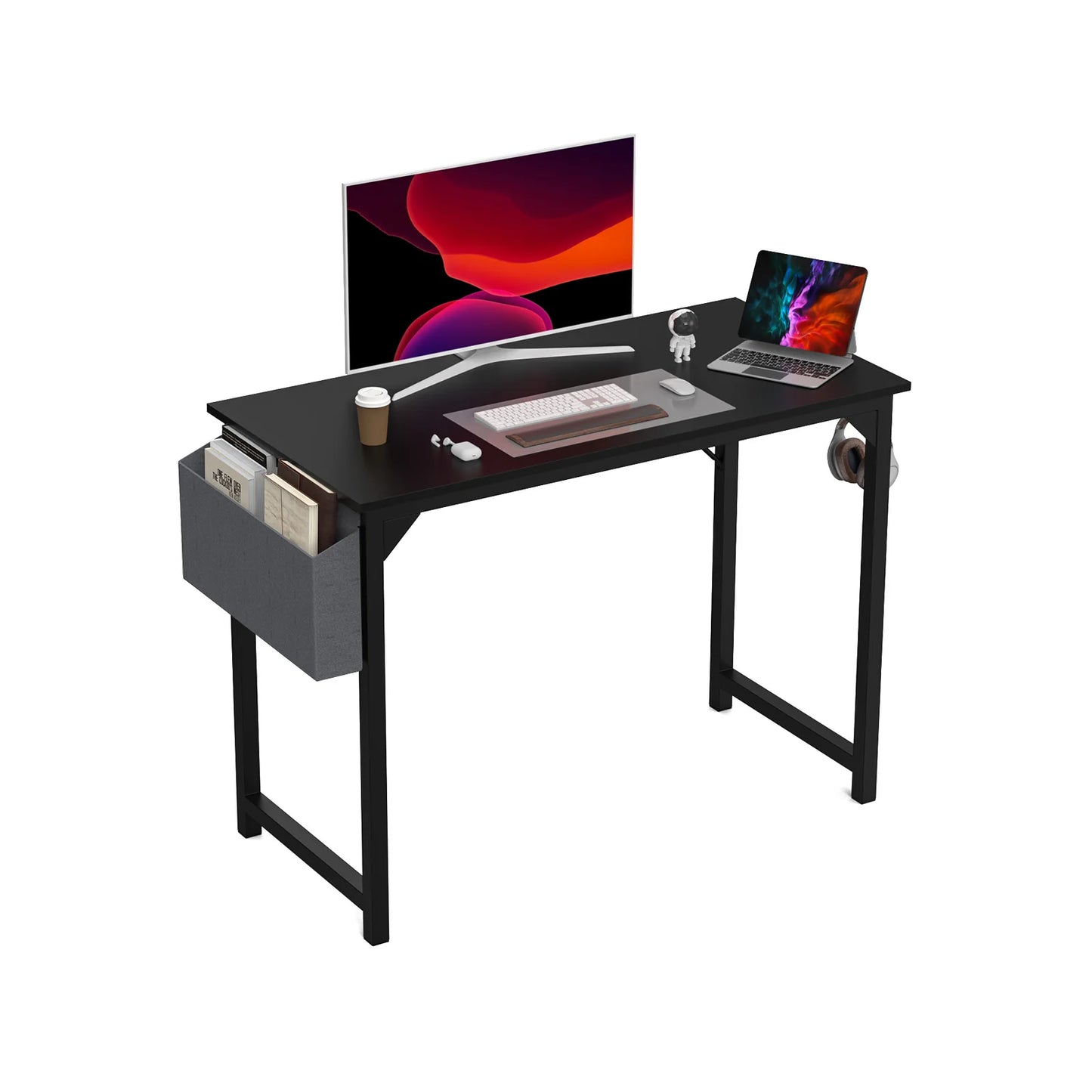 Modern Compact Computer Desk with Side Bag & Headphone Hook – Easy Assembly.