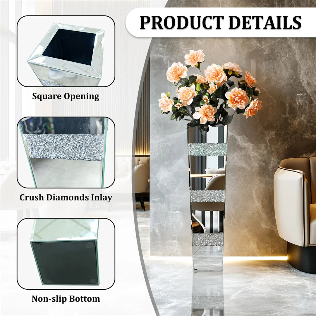 Decorative mirror with square opening, crush diamonds inlay, and non-slip bottom features.