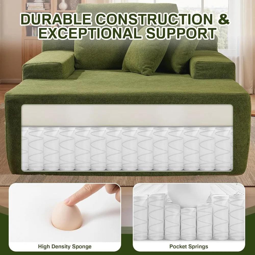 Chaise Lounge Chair Indoor, 67" Oversized Comfy Plush Fur Sleeper Sofa Bed, Boneless Upholstered Recliner Bed with Pillows