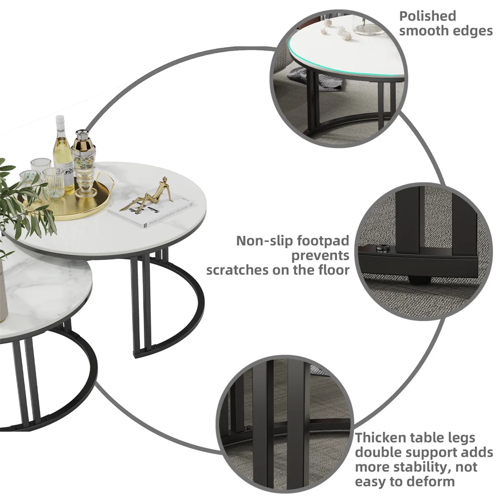LUVODI Small Living Room Furniture Table 2 Pack Round Marble Nesting Center Coffee Table Sofa Side Tea Desk Space-saving