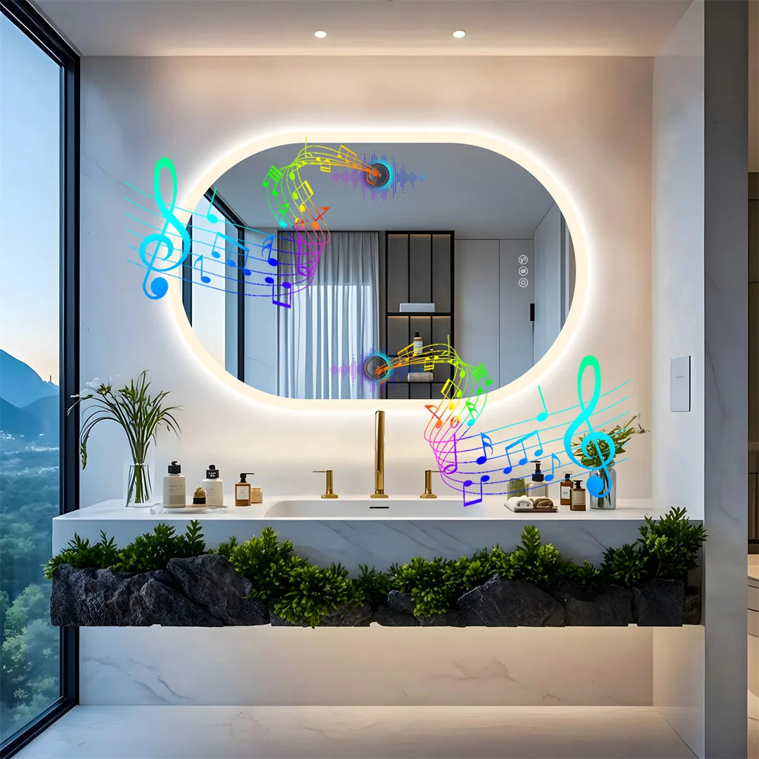Modern bathroom with a round mirror, decorative elements, and a view of mountains.