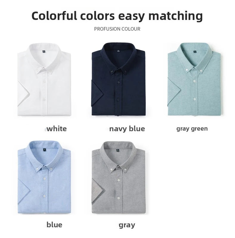 Collection of folded shirts in white, navy blue, gray green, blue, and gray on a white background.