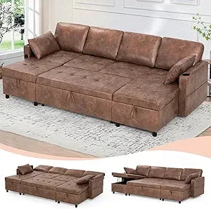 U-Shape Pull-Out Sofa Bed with Adjustable Backrest & Storage Chaises, Suede Leather Sectional.