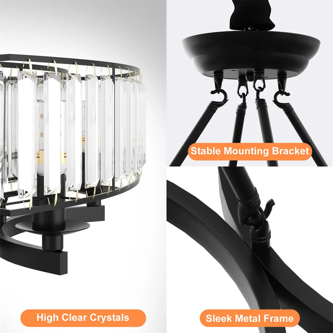 LUVODI Round Crystal Pendant Light Fixture Black Ceiling Chandelier Lamp with 3 Color Lights Adjustable Height