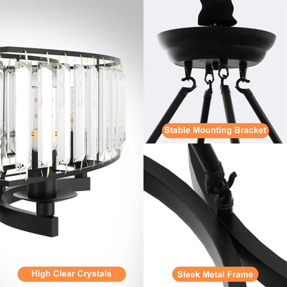 LUVODI Round Crystal Pendant Light Fixture Black Ceiling Chandelier Lamp with 3 Color Lights Adjustable Height