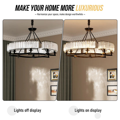 LUVODI Round Crystal Pendant Light Fixture Black Ceiling Chandelier Lamp with 3 Color Lights Adjustable Height