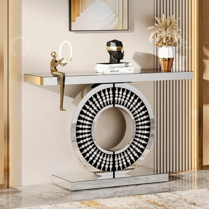 Modern Mirrored Console Table with A Sparkling Crystal-encrusted Base, 43-inch Silver Console Table/decorative Table