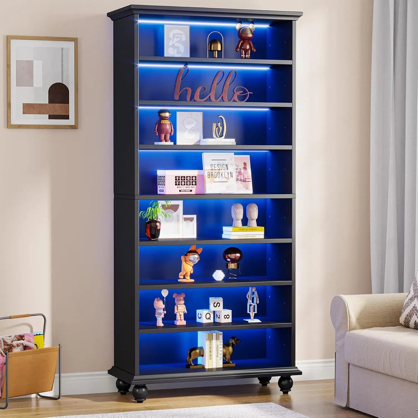 LED Bookcase with Solid Wood Legs – Freestanding Open Shelf Organizer for Living Room & Home Office.