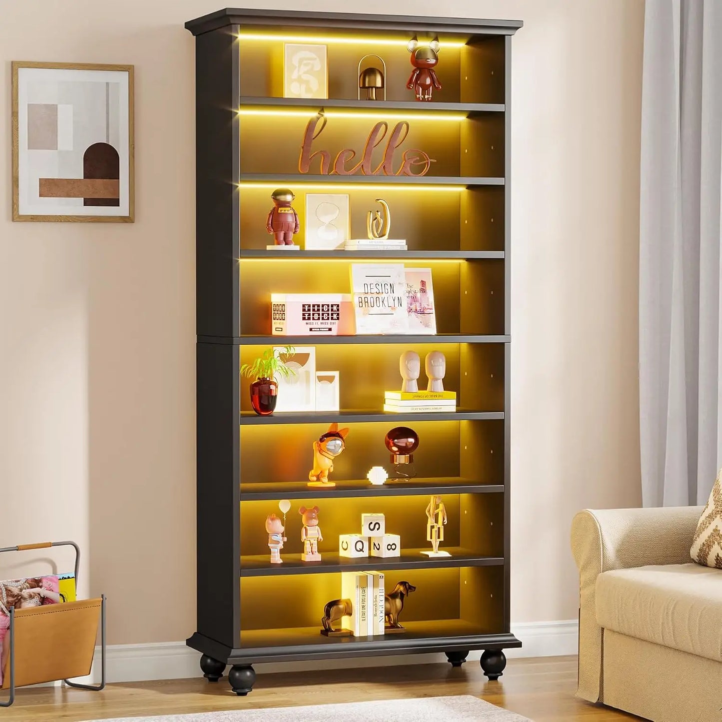 LED Bookcase with Solid Wood Legs – Freestanding Open Shelf Organizer for Living Room & Home Office.